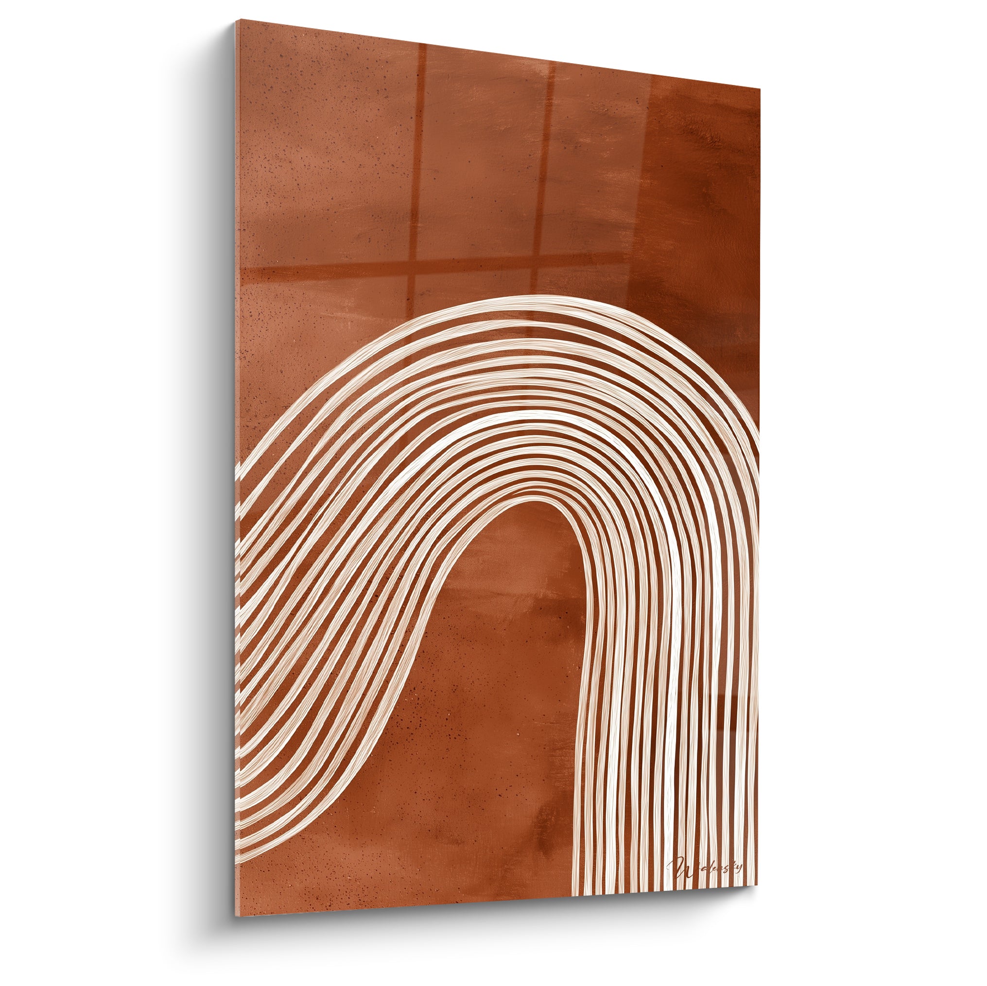 Arche de lignes crème ondulées sur fond terracotta brique, composition abstraite épurée et graphique
