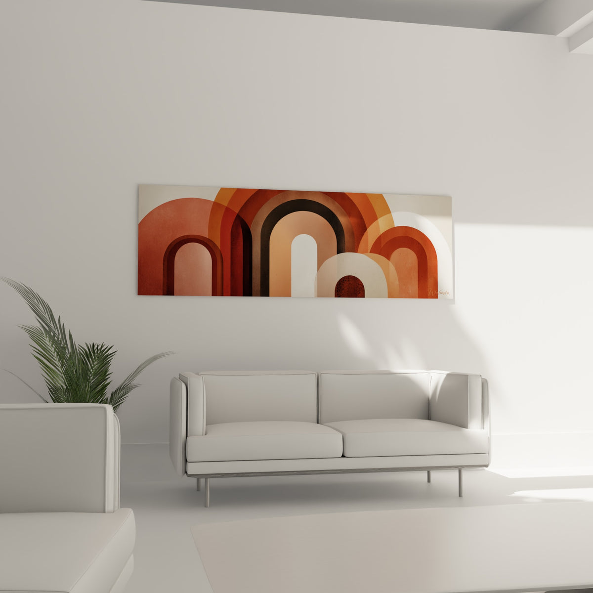 Formes arrondies terracotta et anthracite imbriquées, tableau accroché au-dessus d'un canapé dans un salon lumineux