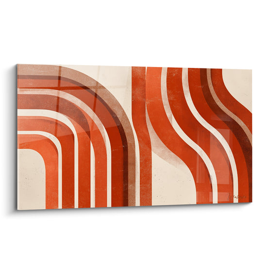 Arches brique et beige sable ondulent en courbes fluides sur cette toile graphique terracotta