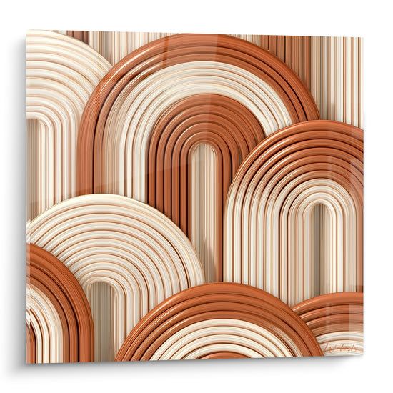 Arches terracotta et ivoire sculptées en camaïeu brique et beige, motif géométrique dense et lumineux
