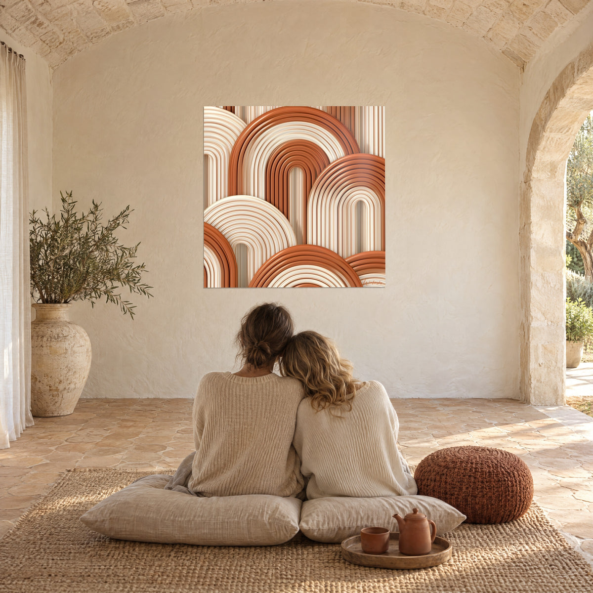 Tableau lignes courbes en volutes cuivre et blanc crémeux, un couple de dos assis sur des coussins, sous voûte de pierre