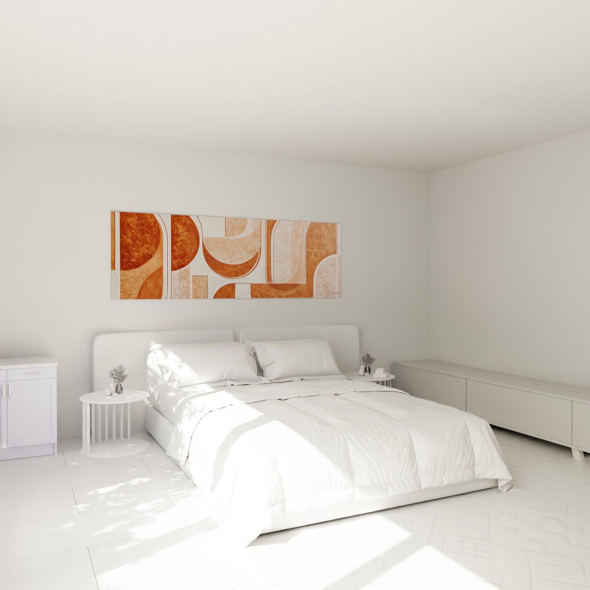 Arches terracotta et blanc cassé texturées surplombant un lit dans une chambre claire