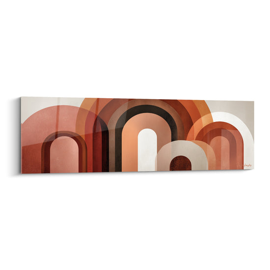 Arches terracotta et beige superposées en dégradé, composition géométrique épurée sur fond crème