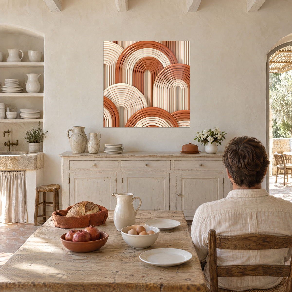 Tableau portiques arrondis aux filets ivoire et cuivre, un homme de dos à table, mur chaulé d'un mas provençal