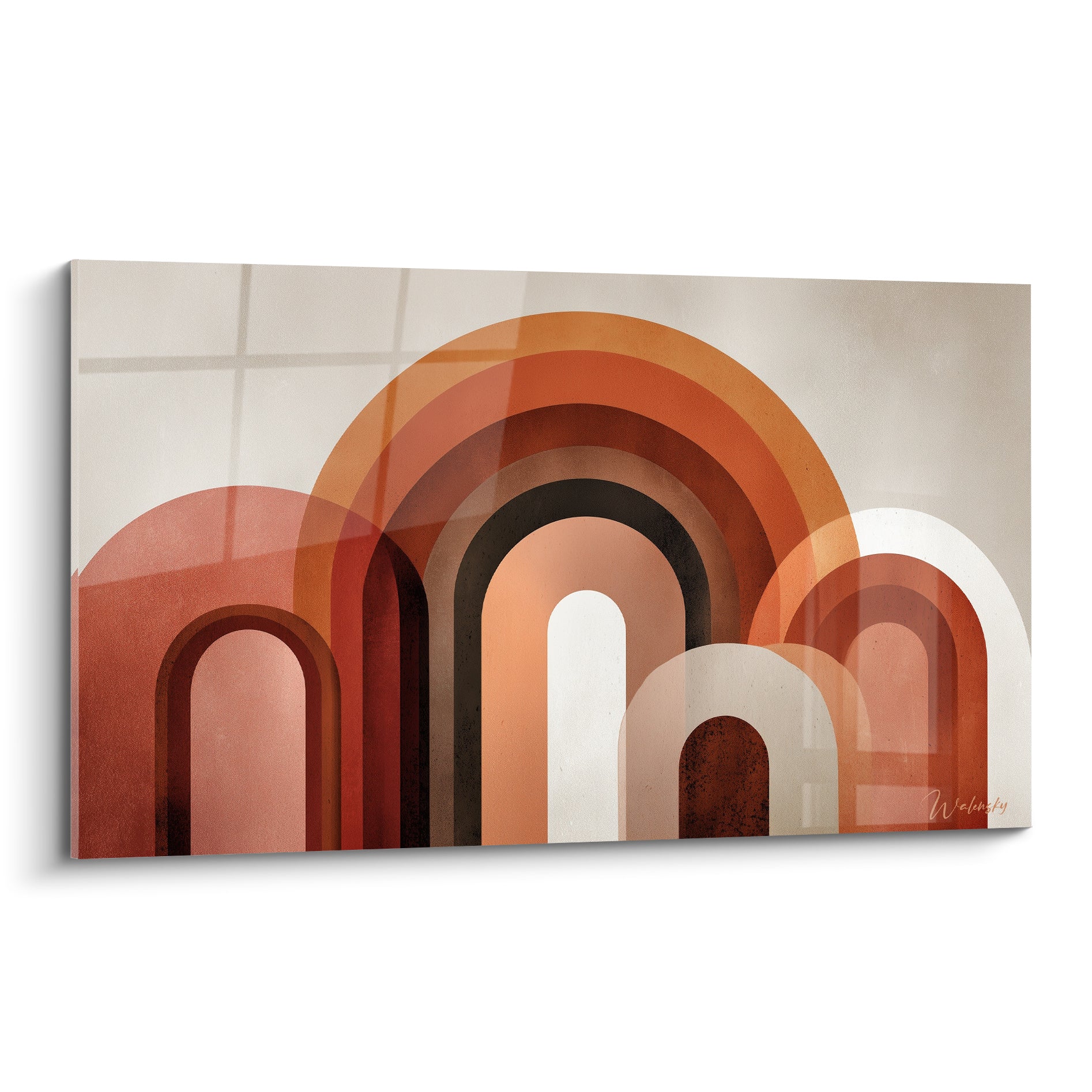 Arches superposées en terracotta, ocre et brun formant une composition graphique architecturale épurée