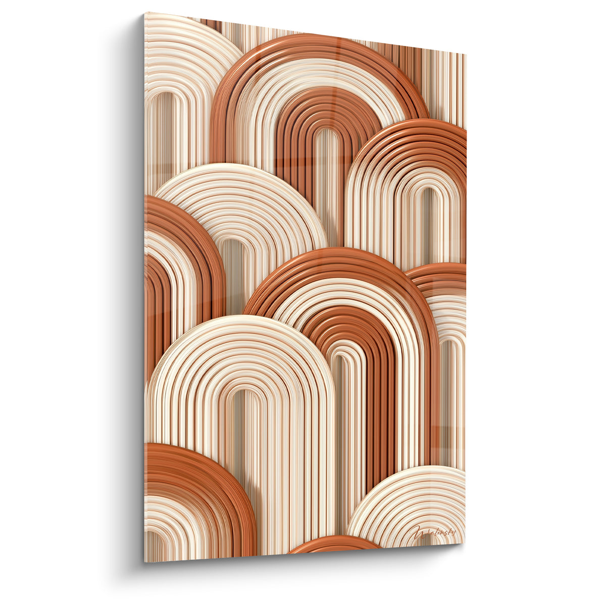 Arches sculptées Terracotta en orange brûlé et crème, motif géométrique en relief