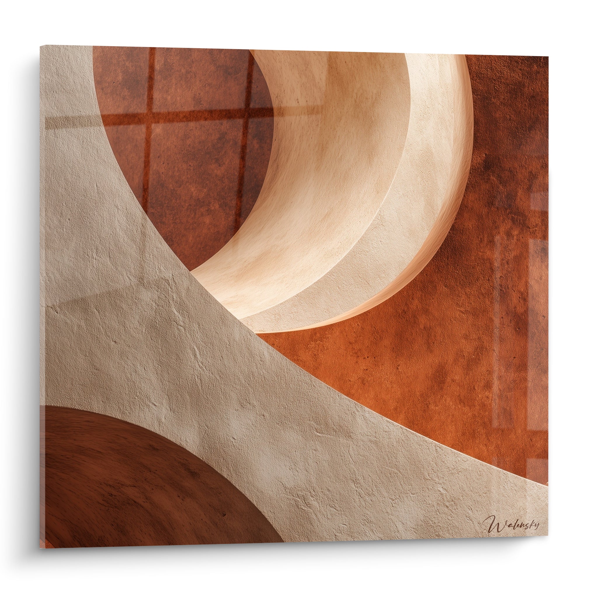 Courbes sculptées sable et rouille évoquant une voûte en pierre terracotta baignée de lumière