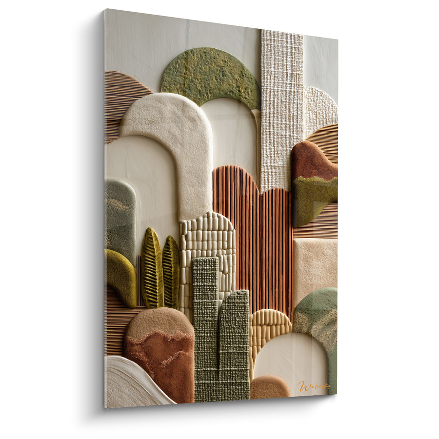 Tableau Arches sculptées ivoire et vert mousse aux feuilles ajourées - Reliefs cannelés étagés - Edition Terracotta