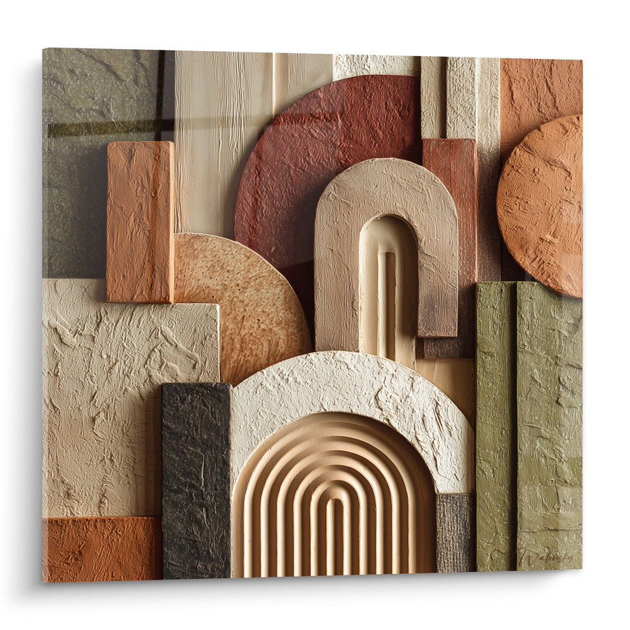 Tableau Arches concentriques beige et vert olive sculptées - Façade en reliefs - Edition Terracotta