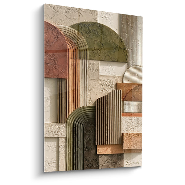 Tableau Arches sculptées terracotta et vert olive cannelées - Reliefs superposés architecturaux - Edition Terracotta