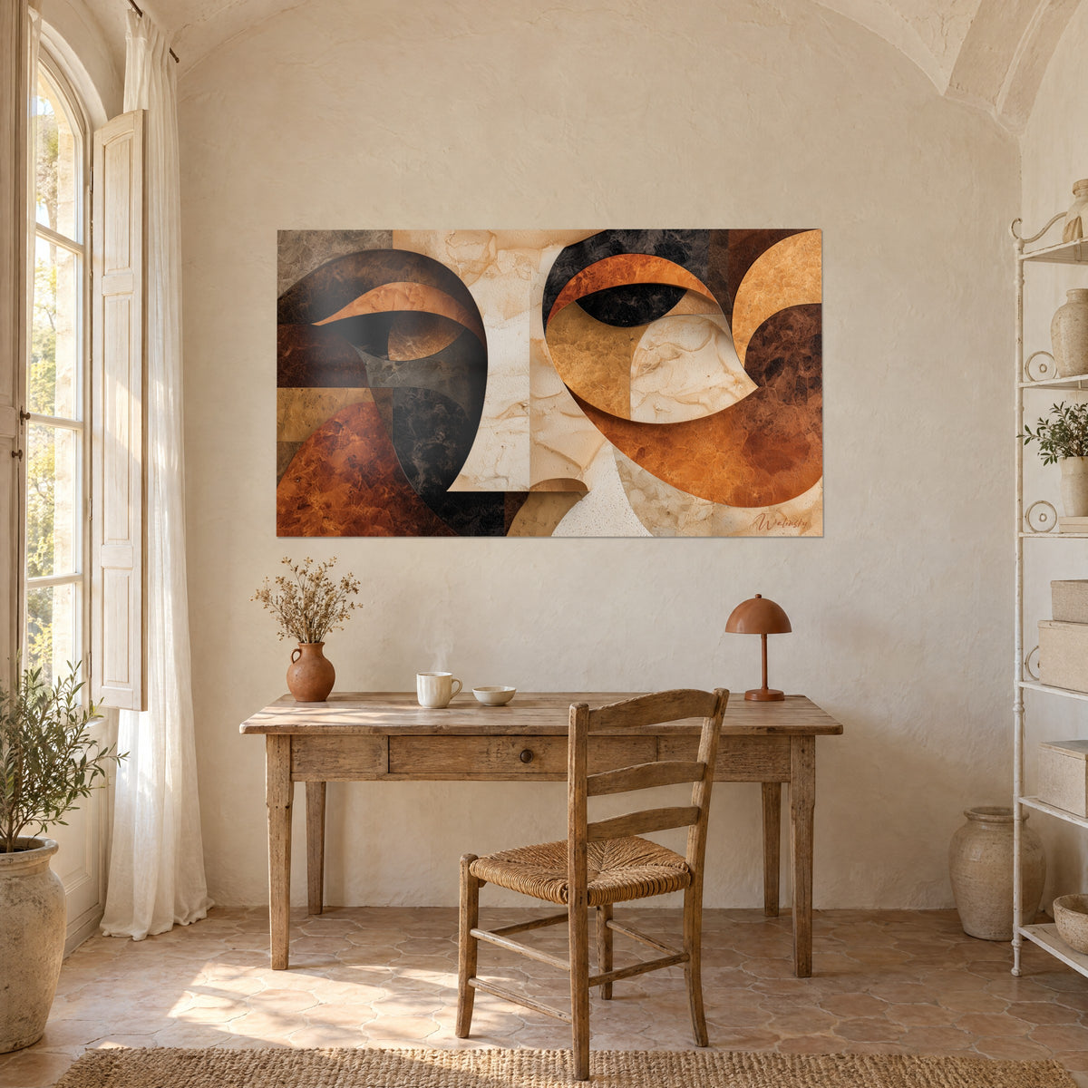 Tableau regard fragmenté en arcs orange brûlé, sable et charbon, accroché au-dessus d'un bureau en bois clair