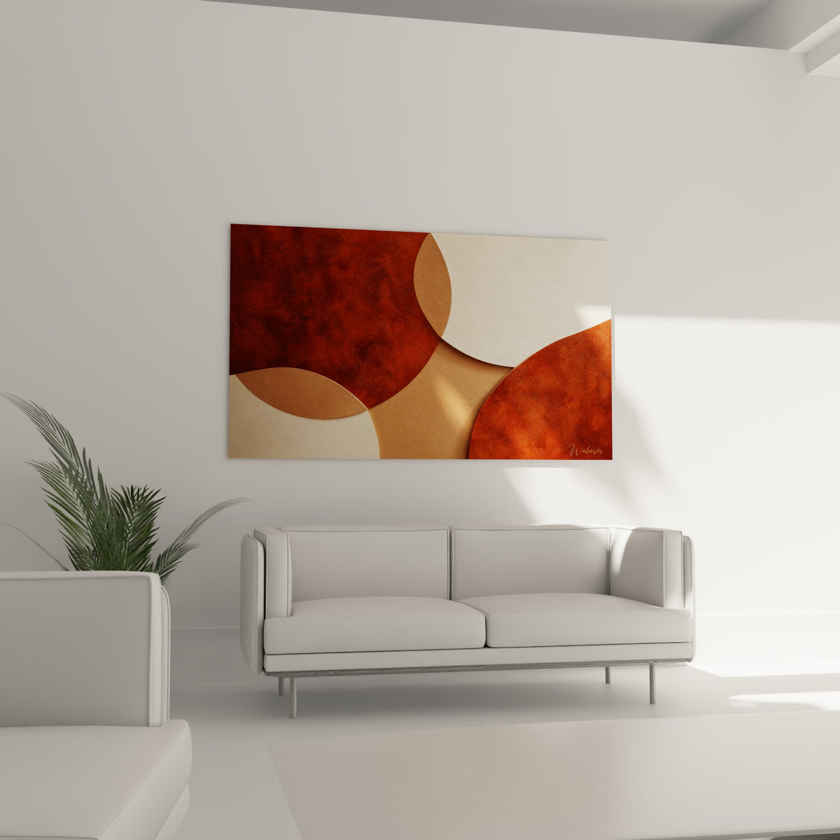Arcs géométriques bruns et crème en mouvement, tableau terracotta suspendu au-dessus d'un canapé dans un salon lumineux