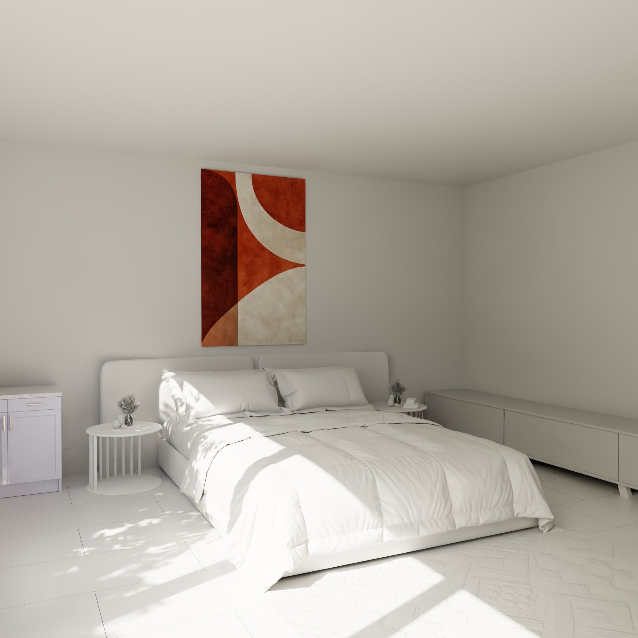 Arcs géométriques brique et blanc cassé disposés au-dessus d'un lit dans une chambre claire et épurée