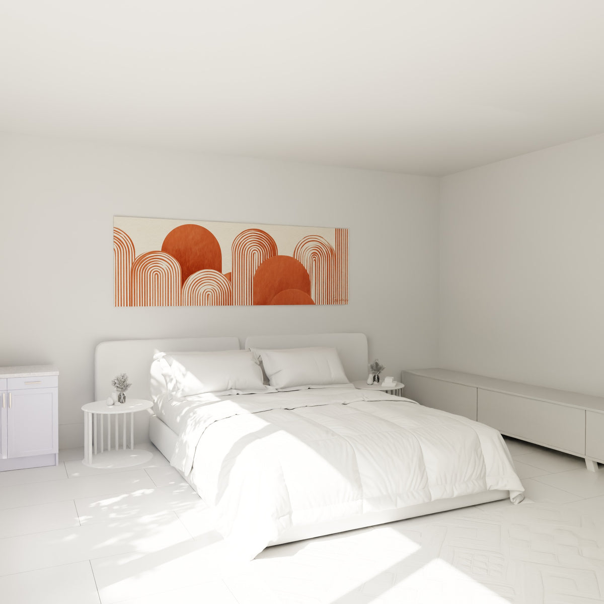 Formes arrondies en brique et ivoire composant un paysage abstrait, au-dessus d'un lit dans une chambre claire
