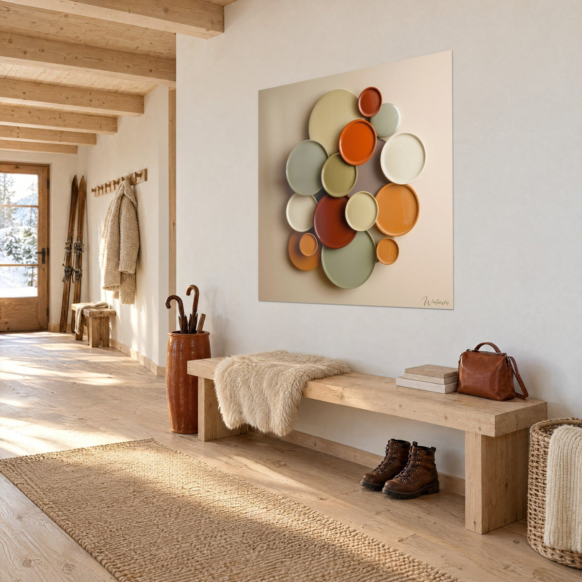 Tableau disques de céramique brillante, vert sauge et orange brûlé, sur un mur blanc près d'un banc en bois clair, vue de trois-quarts dans un chalet