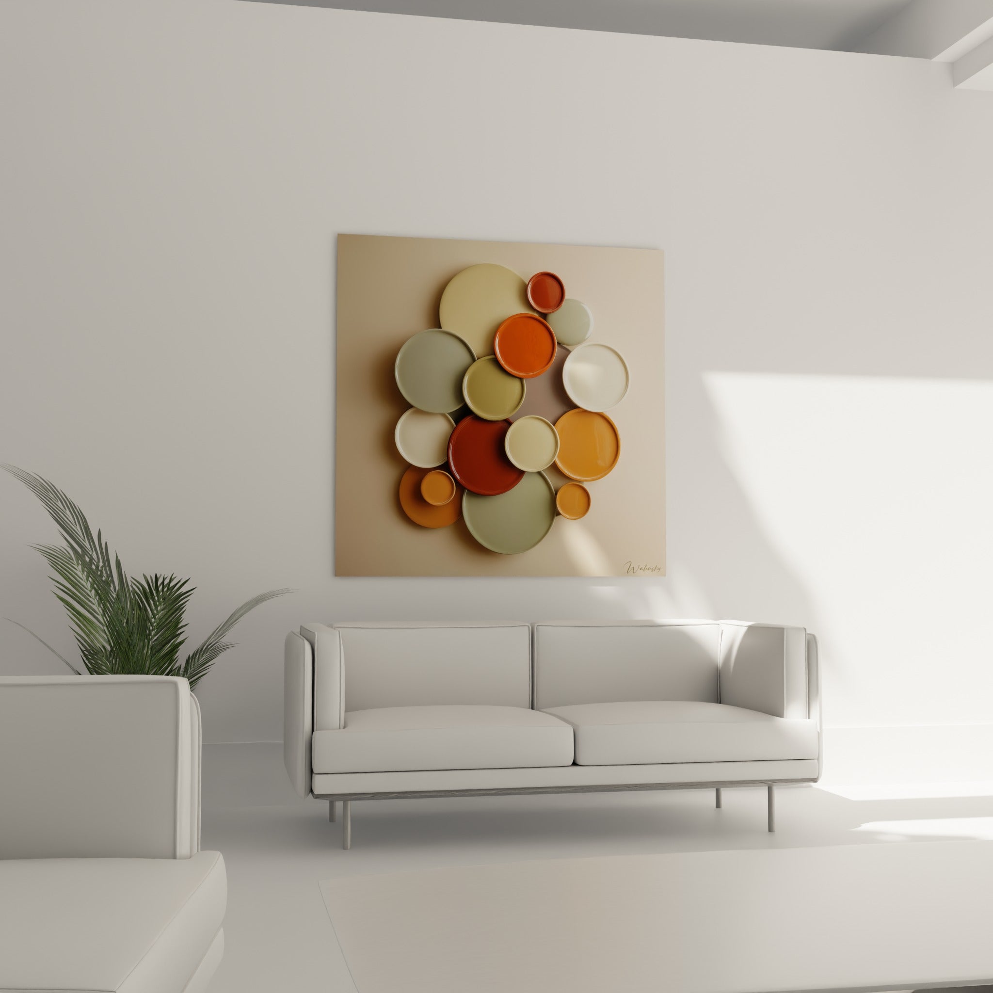 Assiettes colorées terracotta et vert sauge en relief, disposées au-dessus d'un canapé dans un salon lumineux
