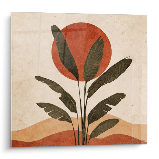 Bananier vert olive se découpant sur un soleil terracotta et des dunes ocre stylisées