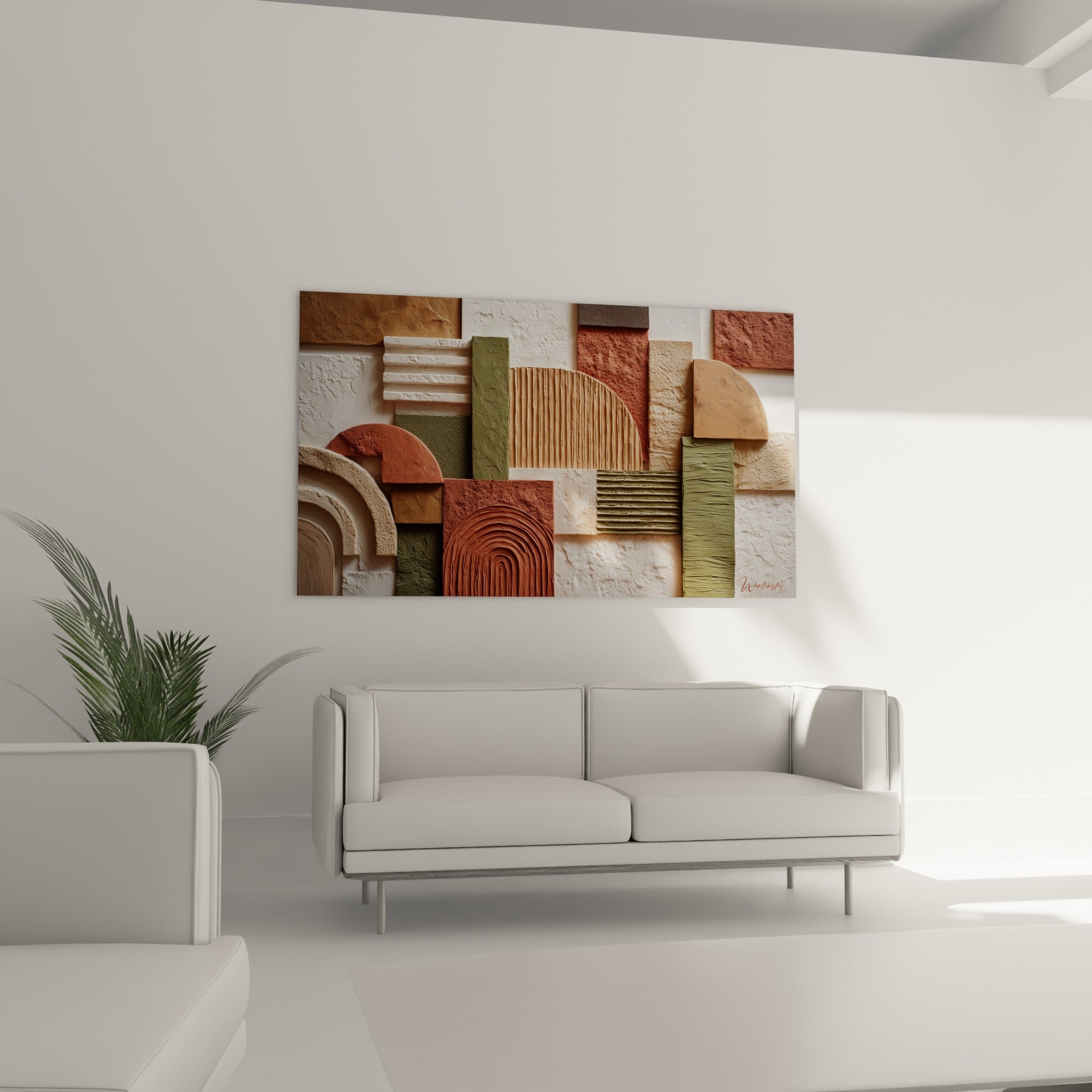 Reliefs texturés ocre et anthracite disposés en bandes, au-dessus d'un canapé dans un salon lumineux