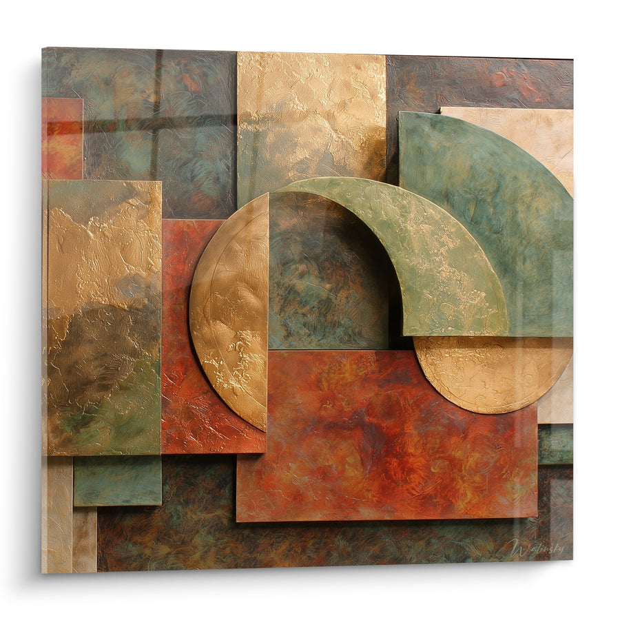 Tableau Composition géométrique dorée et rouille texturée - Vestige doré - Edition Terracotta