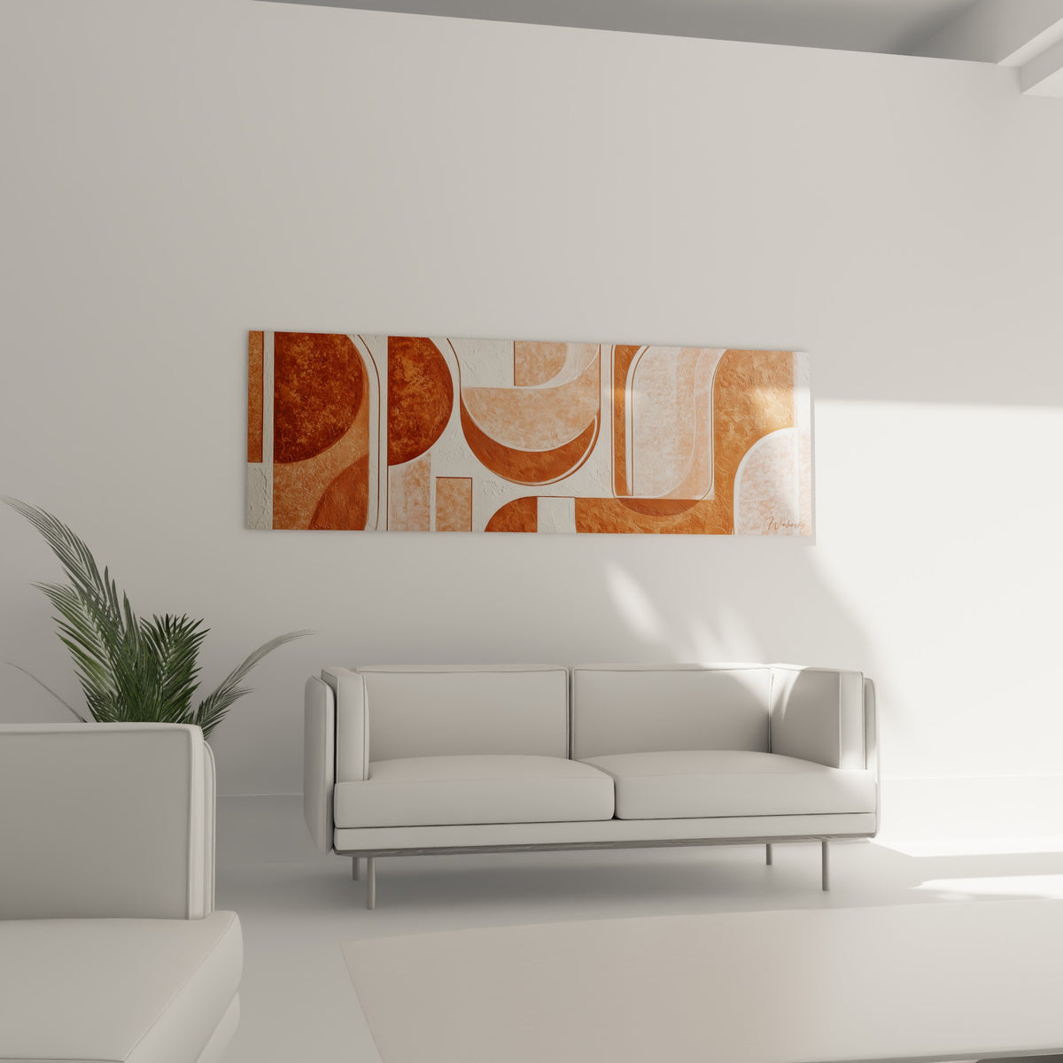 Blocs géométriques terracotta et cuivrés surplombant un canapé dans un salon lumineux