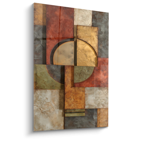 Tableau abstrait terracotta : blocs ocre, rouille et anthracite avec demi-cercles dorés texturés