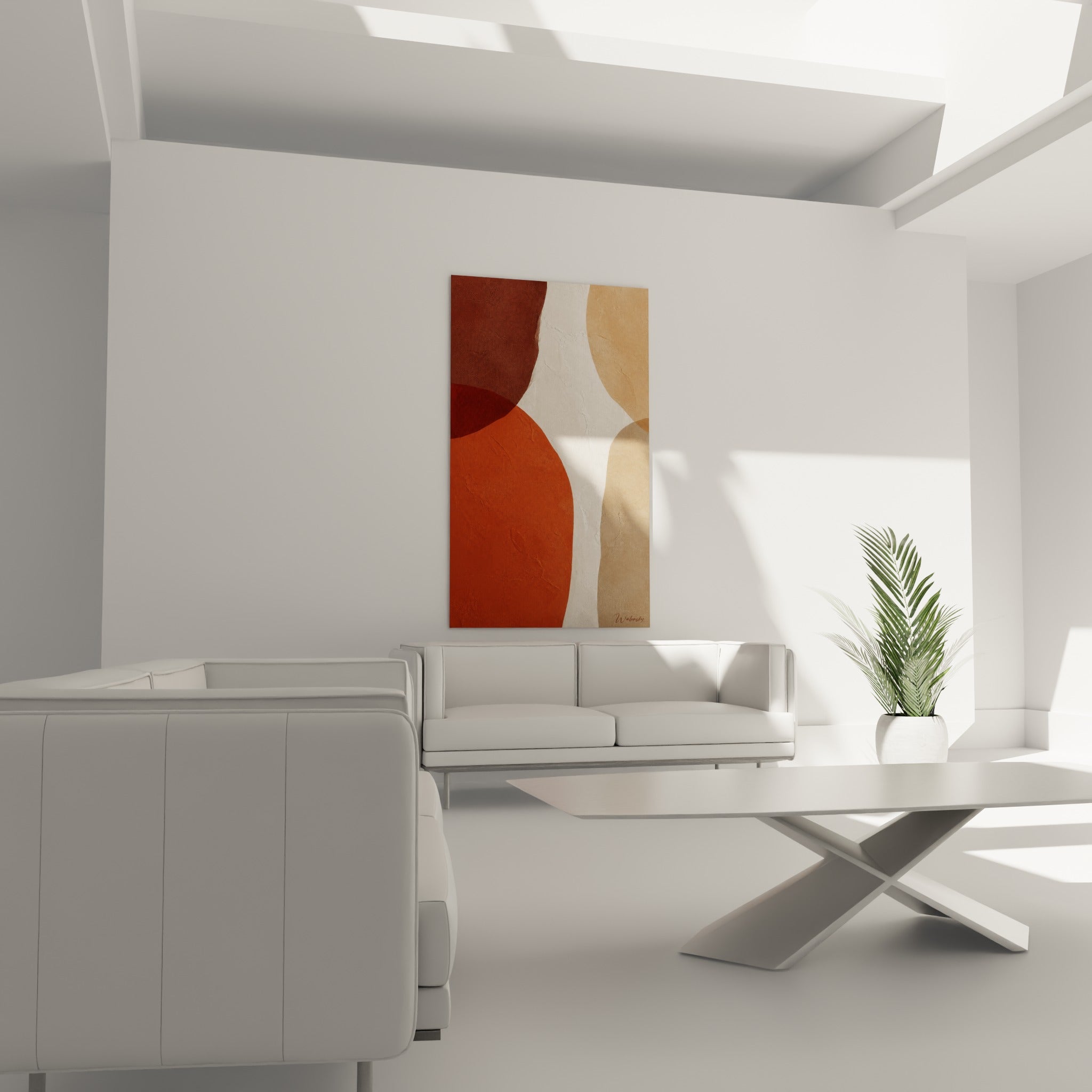 Blocs colorés orange brûlé et blanc cassé aux textures minérales, au-dessus d'un canapé dans un salon lumineux