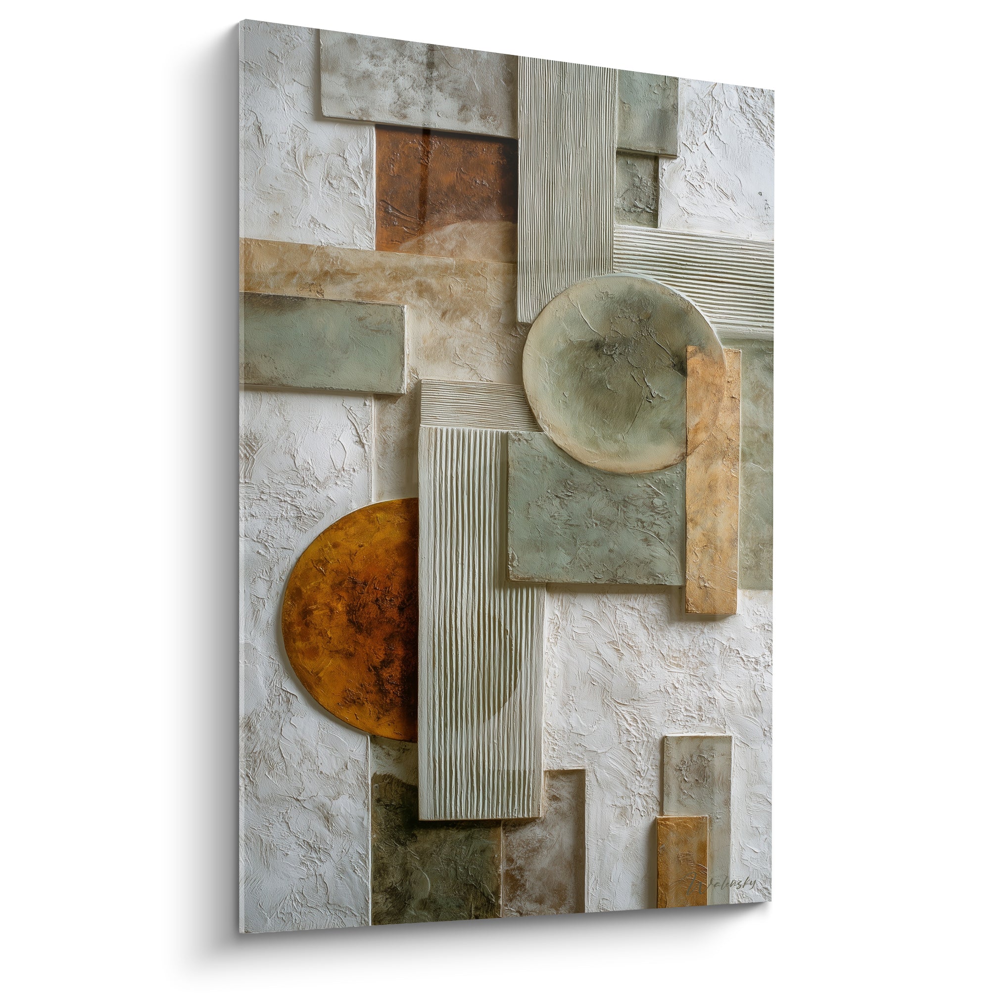 Composition géométrique aux blocs sauge, ocre et beige, textures en relief façon plâtre sculpté