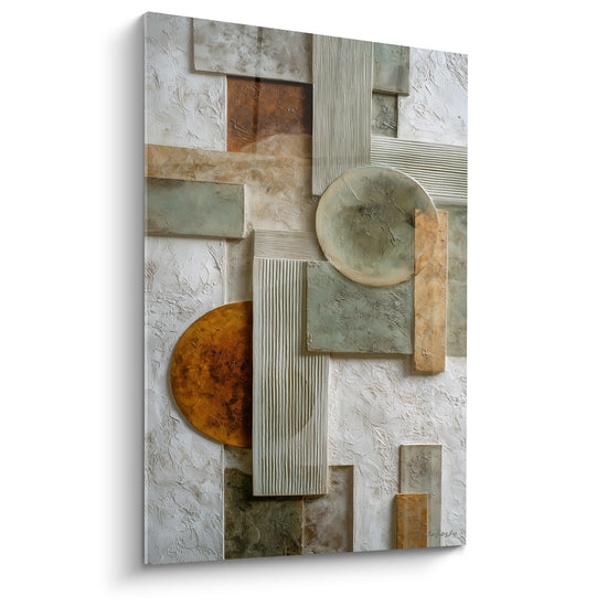 Composition géométrique aux blocs sauge, ocre et beige, textures en relief façon plâtre sculpté