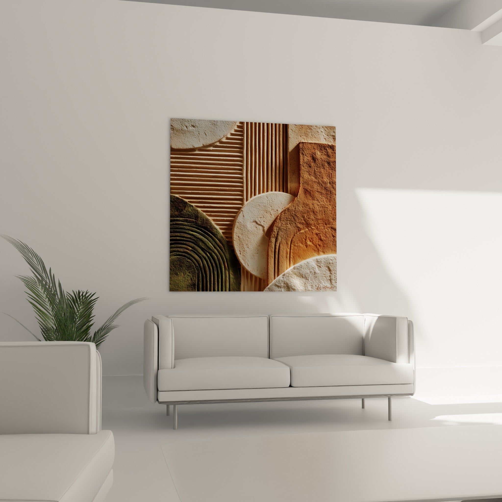 Blocs sculpturaux terracotta et beige accrochés au-dessus d'un canapé dans un salon lumineux