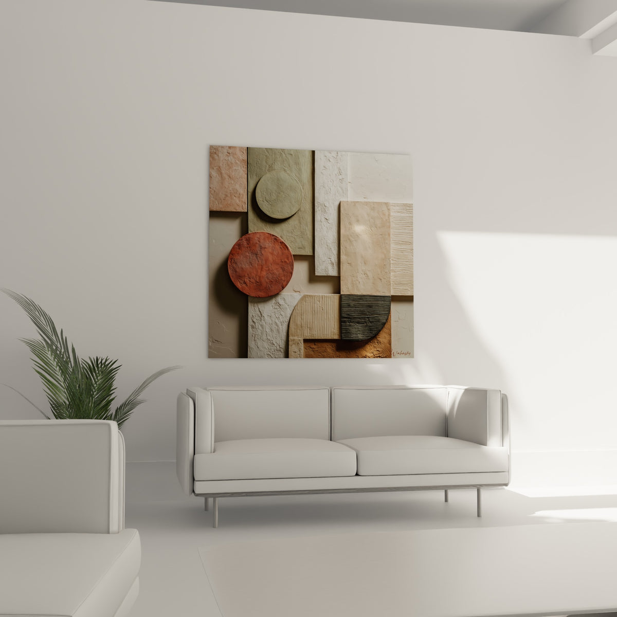 Blocs texturés beige et vert sauge, cercle terracotta en volume au-dessus d'un canapé dans un salon lumineux