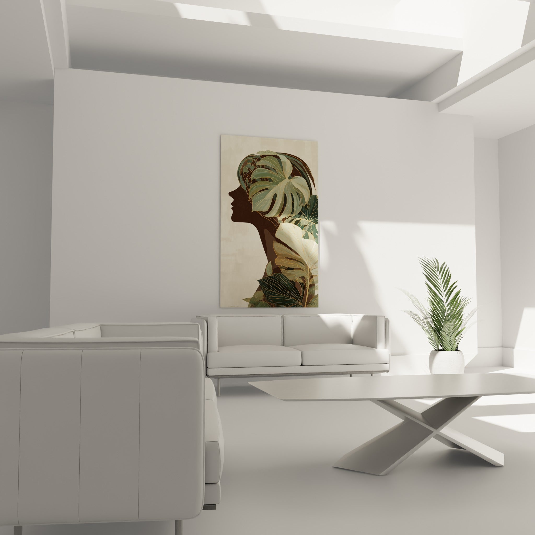 Silhouette botanique aux tons brun terracotta et vert sauge, suspendue au-dessus d'un canapé dans un salon lumineux