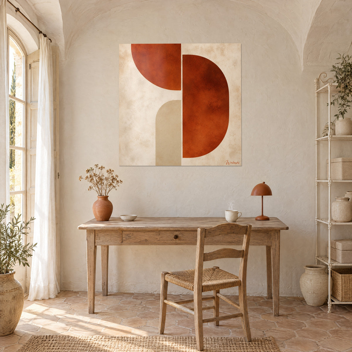Tableau aplats courbes cuivrés et beige sur fond ivoire marbré, dominant un bureau en bois clair et une lampe orange