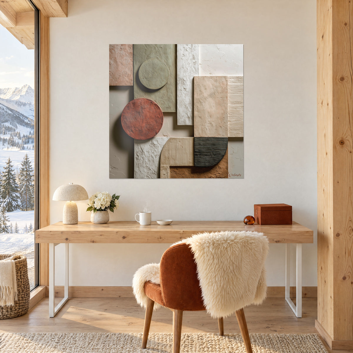 Tableau assemblage de dalles texturées, rond rouille, vert amande et noir charbon, au-dessus d'un bureau en bois clair