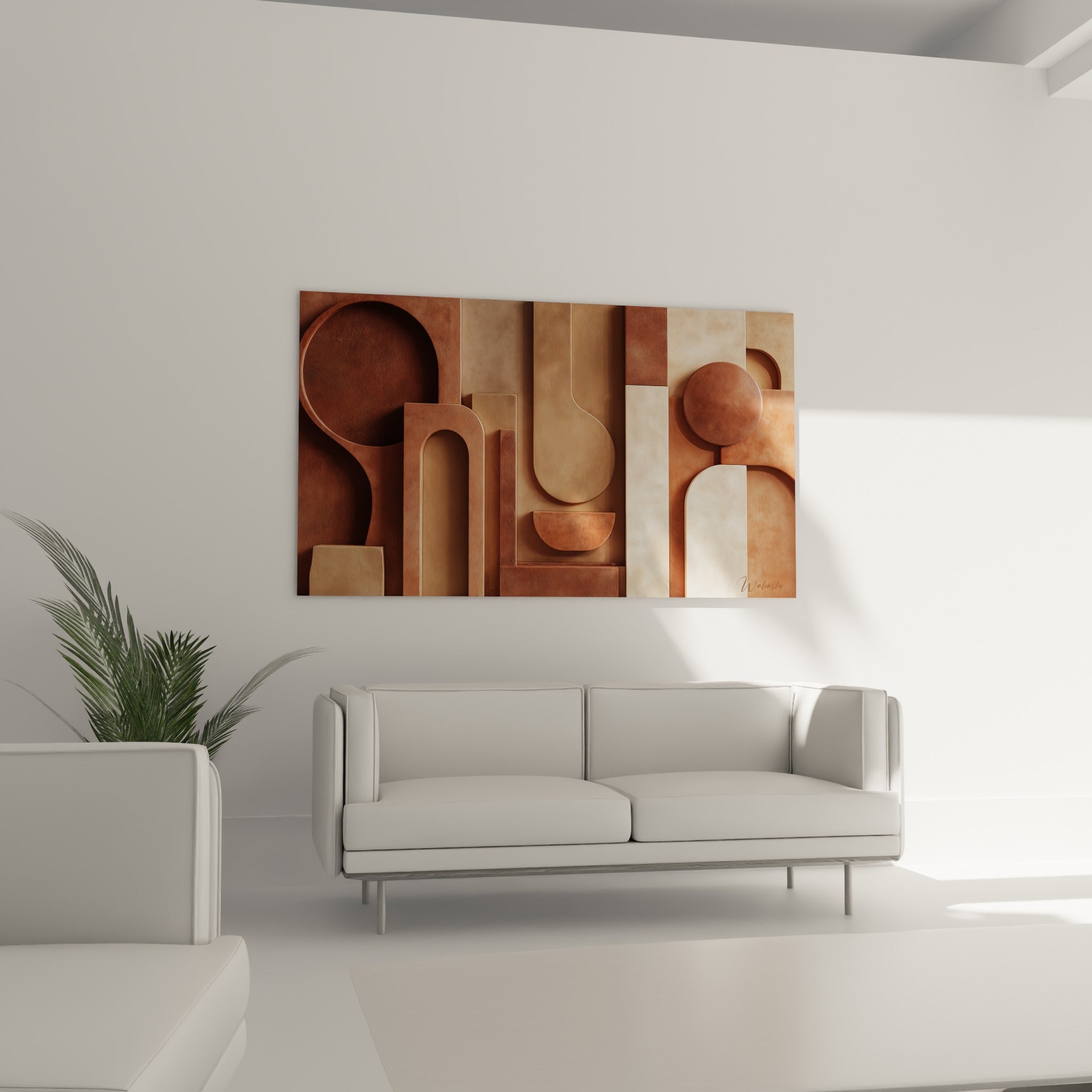 Volumes terracotta et crème en relief simulé, accrochés au-dessus d'un canapé dans un salon lumineux