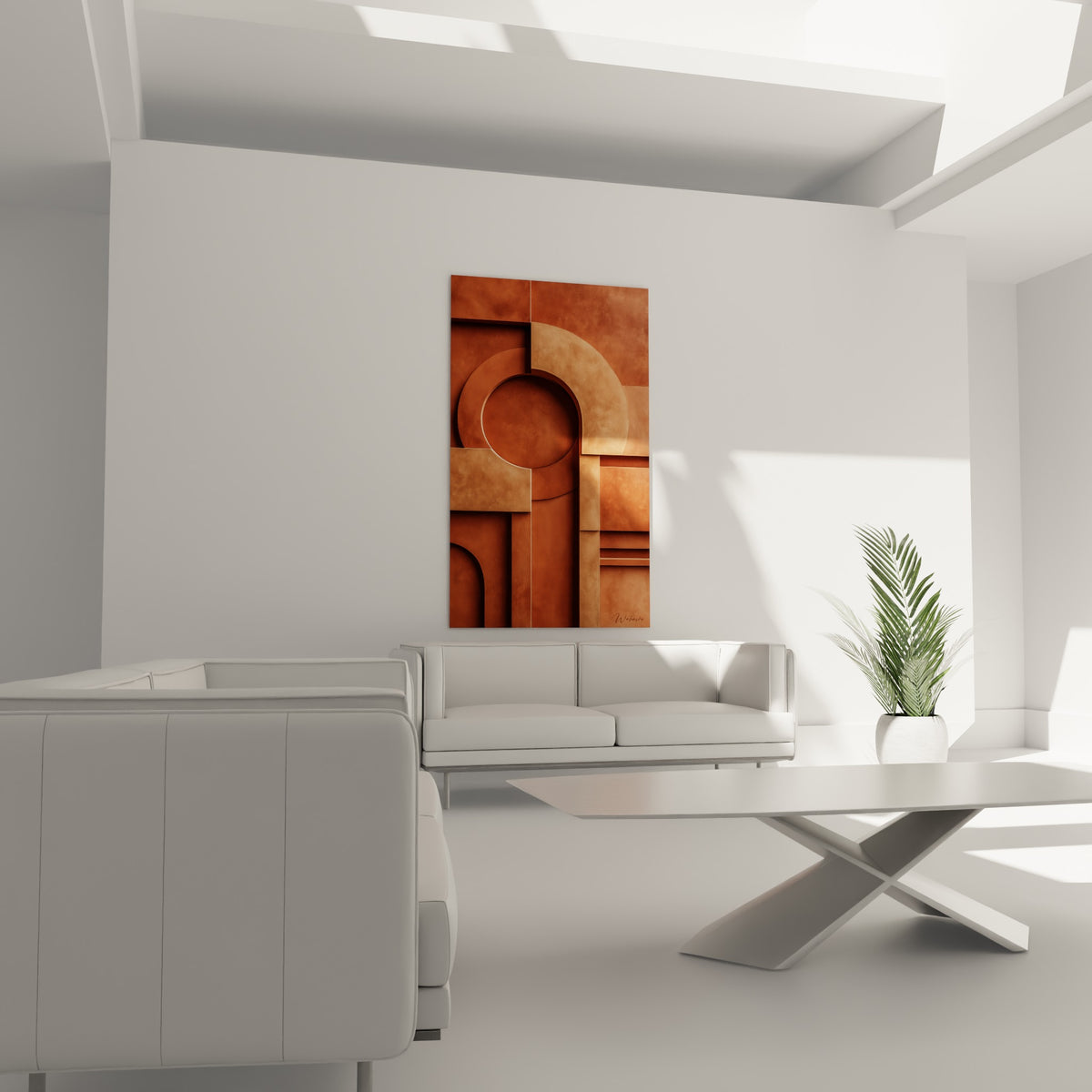 Blocs géométriques terracotta et cuivre formant une arche antique, au-dessus d'un canapé dans un salon lumineux