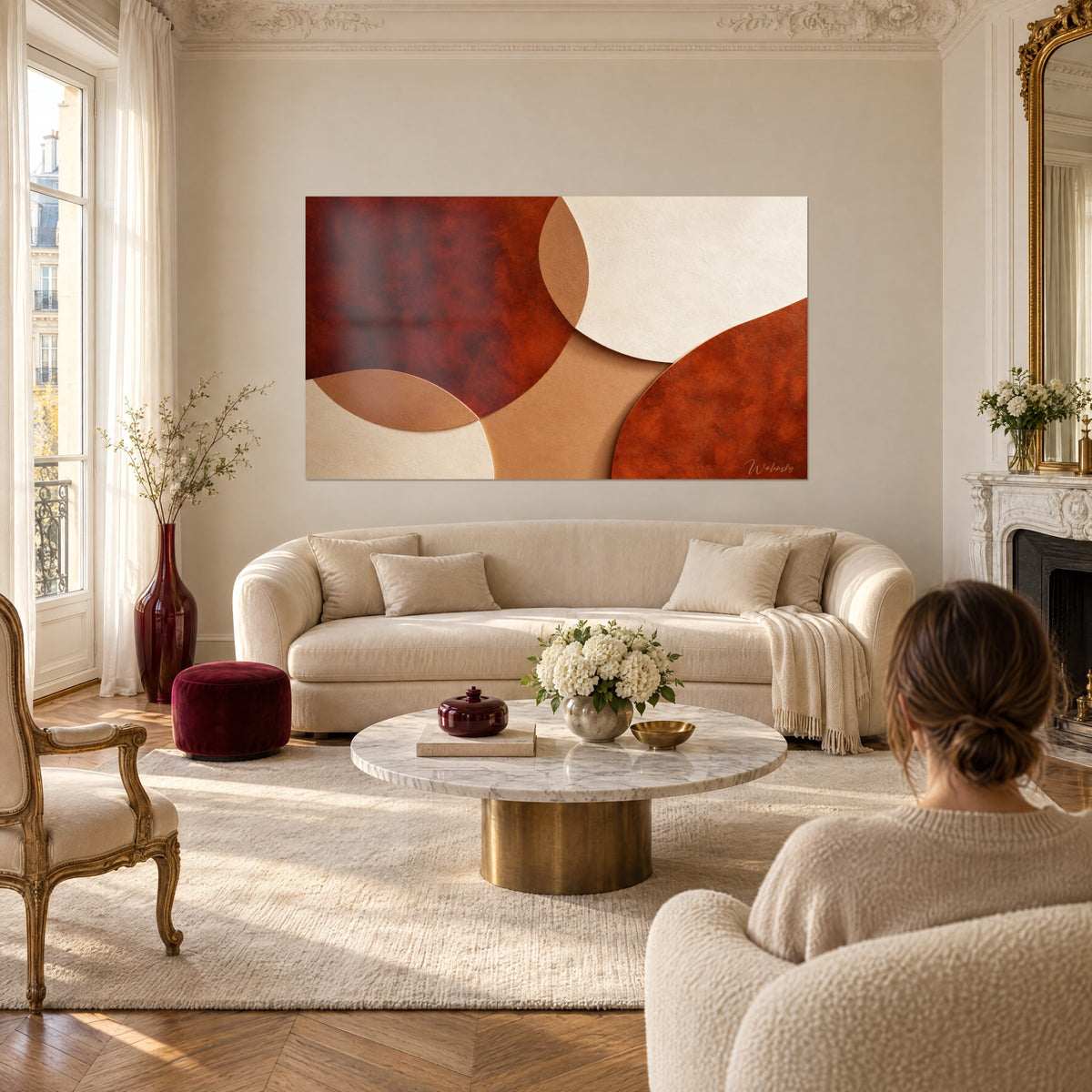 Tableau formes rondes entrelacées rouille et crème, disques lisses sur fond sable, au-dessus d'un canapé dans un salon lumineux