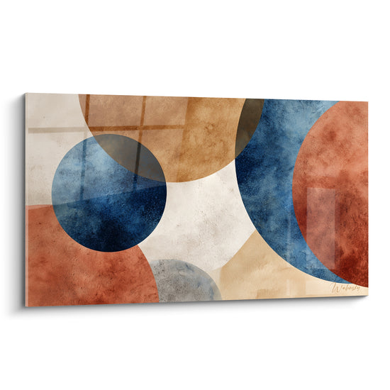 Cercles superposés terracotta et bleu marine sur fond beige, composition abstraite façon aquarelle texturée