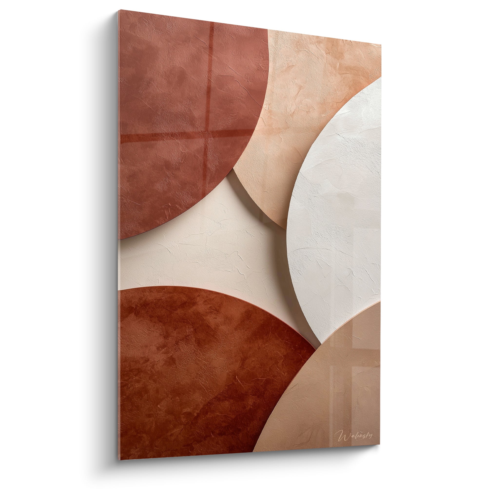 Cercles brique, sable et blanc cassé entrelacés sur ce tableau terracotta texturé façon enduit minéral