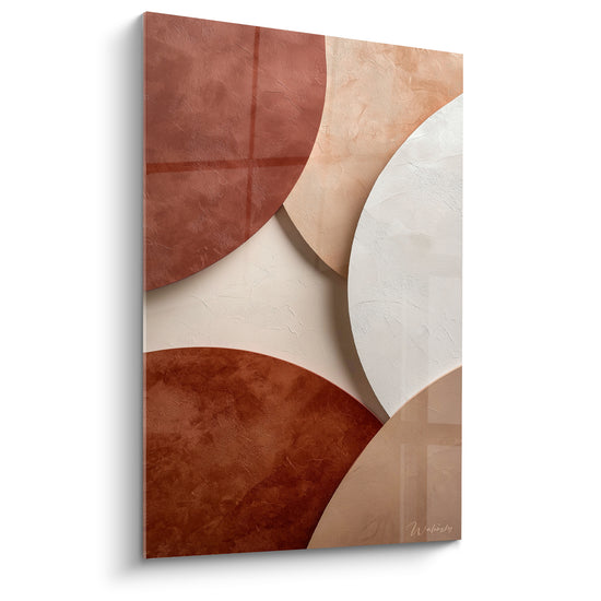 Cercles brique, sable et blanc cassé entrelacés sur ce tableau terracotta texturé façon enduit minéral