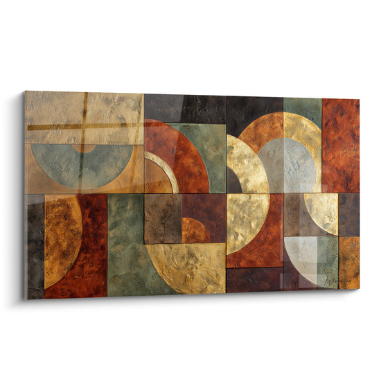 Tableau Terracotta aux demi-cercles dorés, verts sauge et anthracite en composition géométrique texturée
