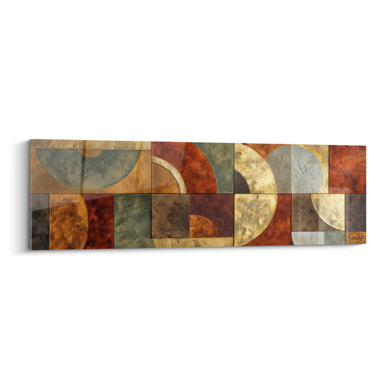 Cercles dorés et terracotta cuivrée composent une mosaïque géométrique texturée aux accents vert sauge