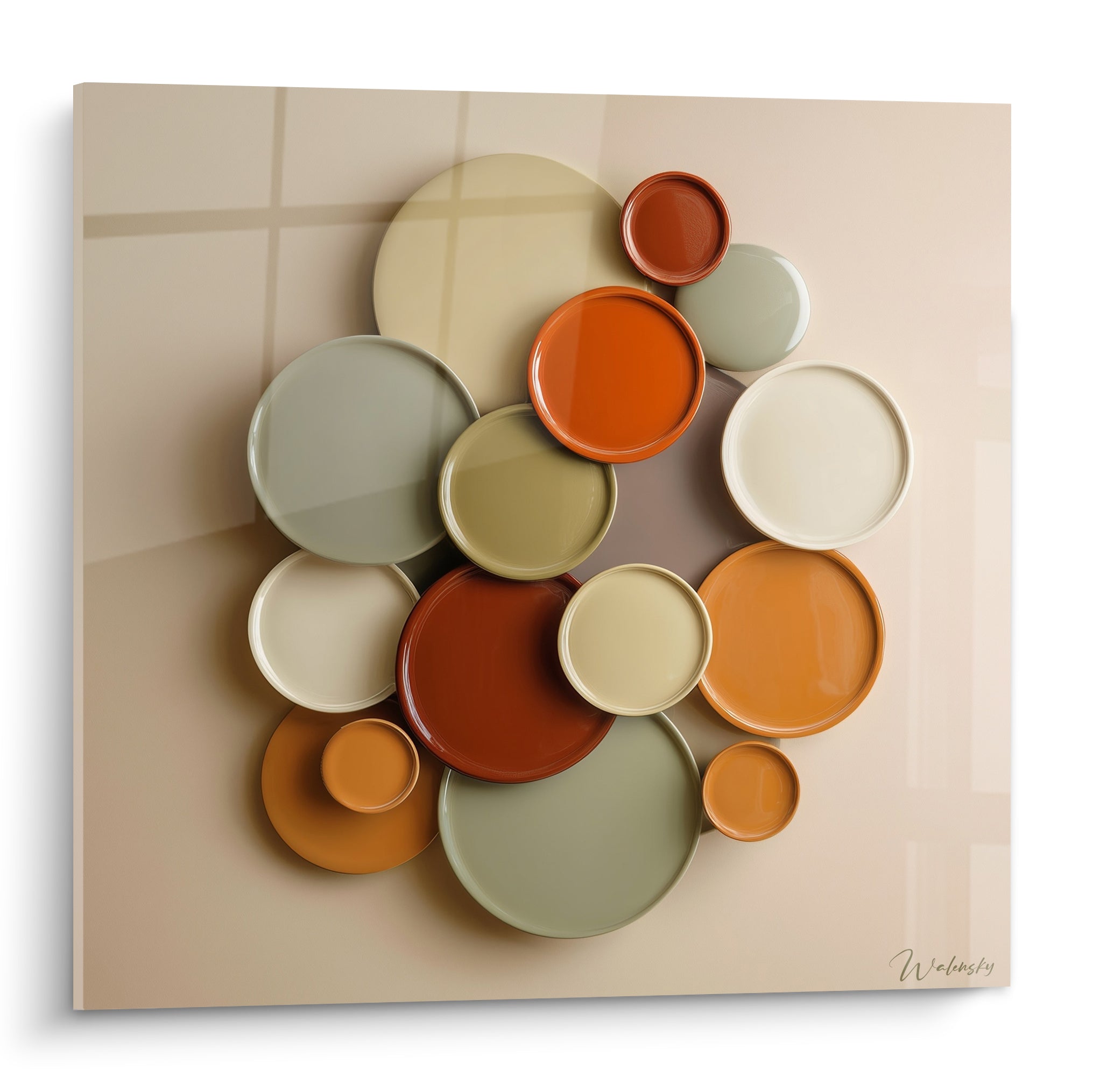 Cercles empilés terracotta, rouge brique et vert sauge évoquant des assiettes glacées superposées