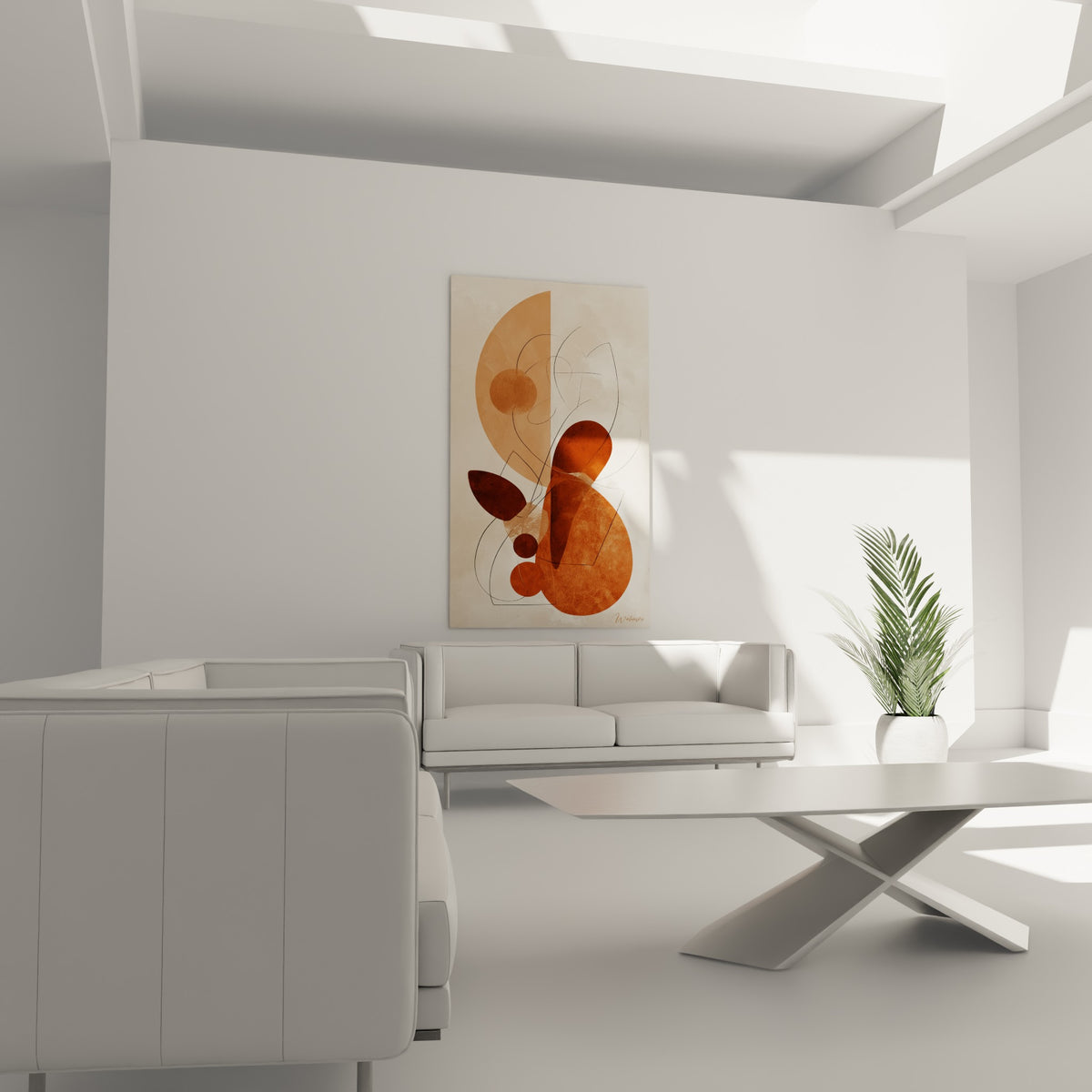 Cercles et feuilles stylisées brun rouille et orangé positionnés au-dessus d'un canapé dans un salon lumineux