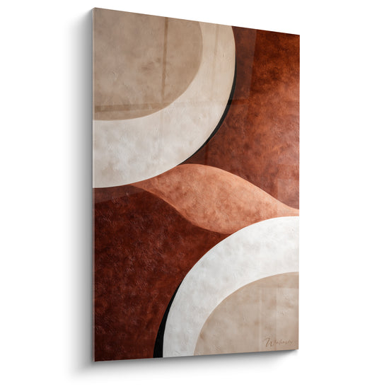 Cercles ivoire et fond terracotta texturé composent cette œuvre abstraite en pleine toile