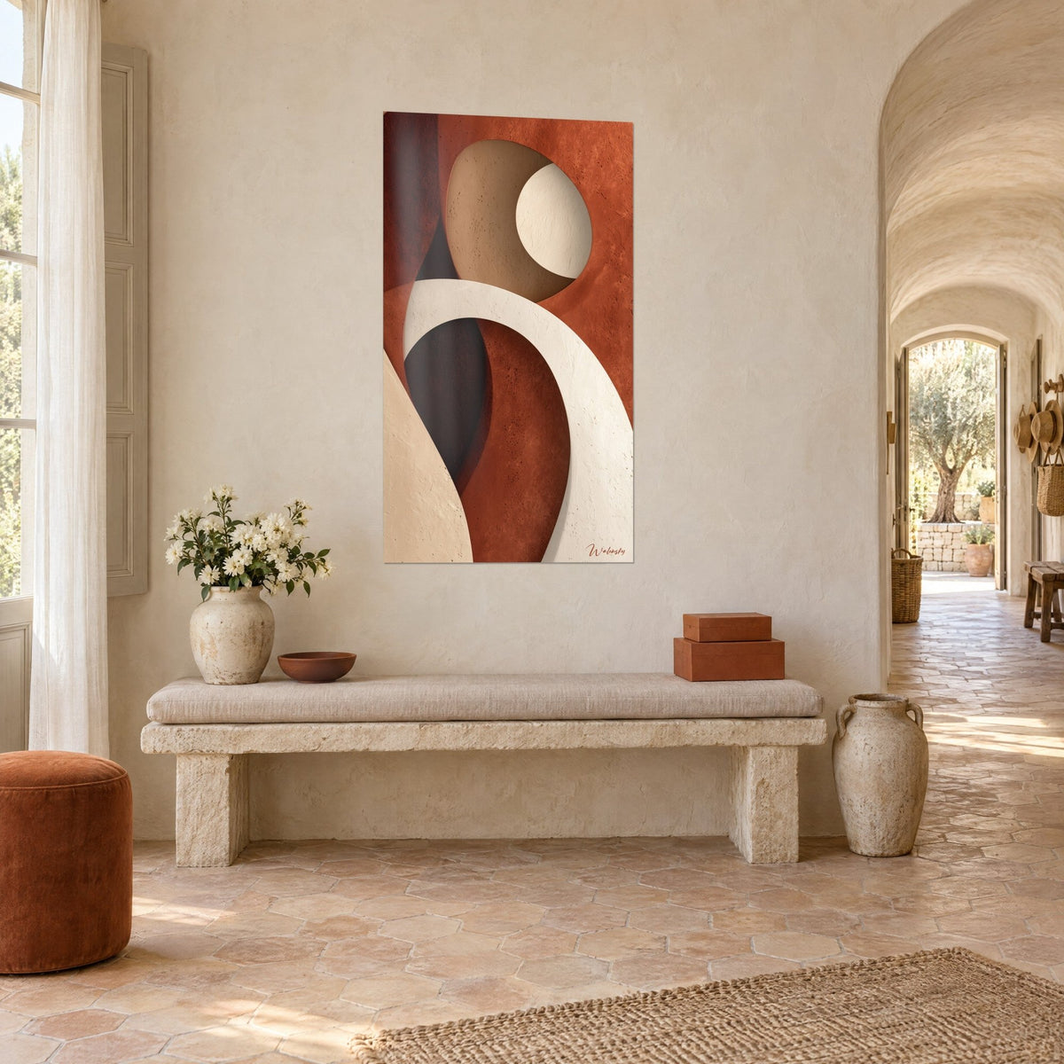 Wall art with a sculpted ring in ivory and terracotta, interwoven with beige circles, whitewashed wall, stone bench, Provençal farmhouse