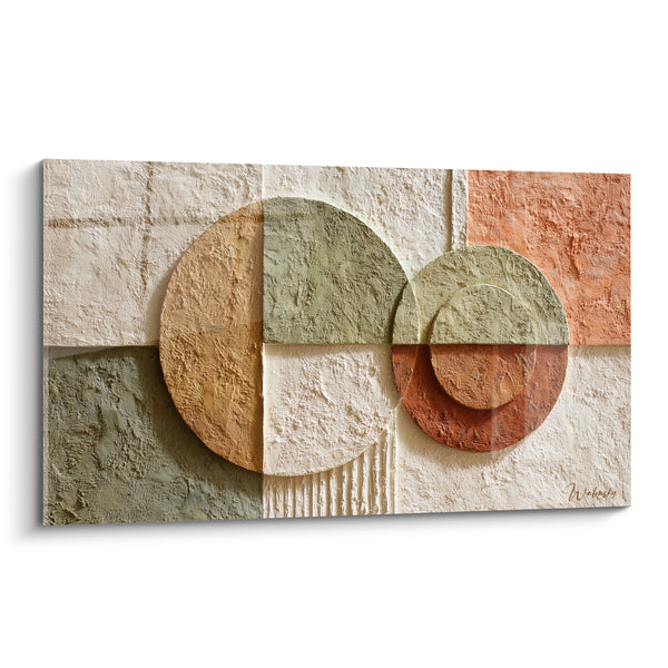 Tableau Cercles superposés vert sauge et rouille cannelés - Quadrillage crayeux blanc - Edition Terracotta