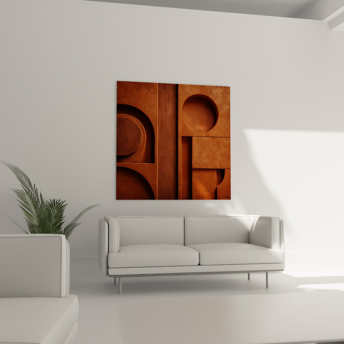 Reliefs terracotta et brun cuivré aux arches sculptées, disposés au-dessus d'un canapé dans un salon lumineux