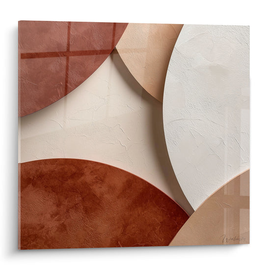 Cercles superposés terracotta et blanc crayeux, texture minérale évoquant l'enduit à la chaux