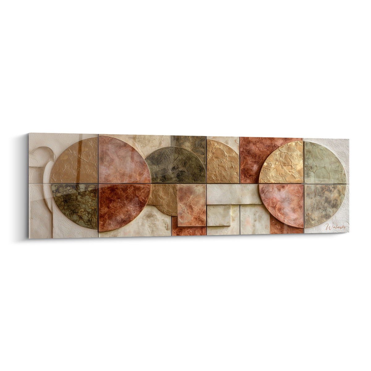 Tableau Terracotta aux cercles sculptés en relief, tons rouille, vert sauge et doré mêlés
