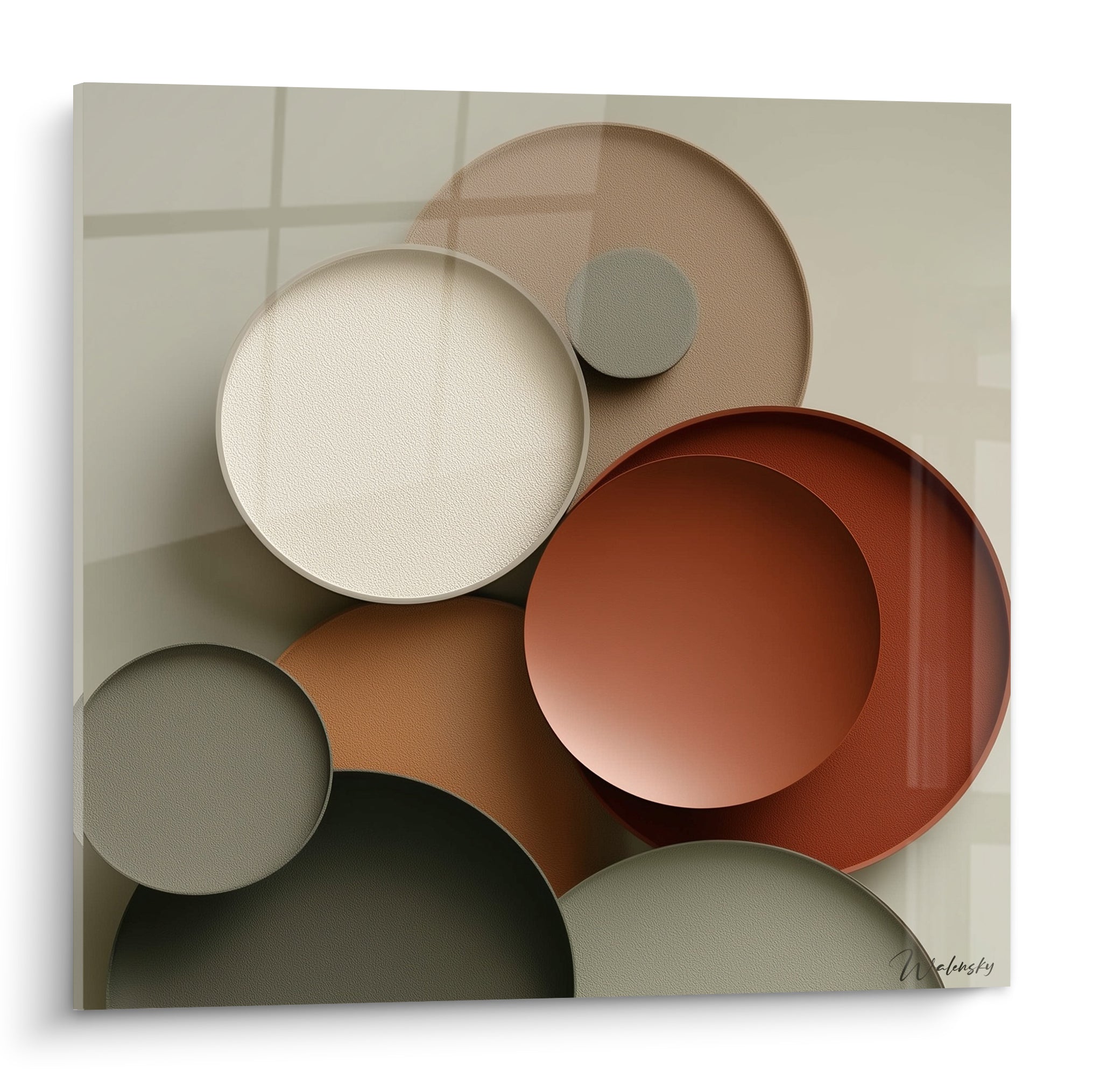 Composition de cercles terracotta, crème et sauge superposés en relief sur fond quadrillé beige